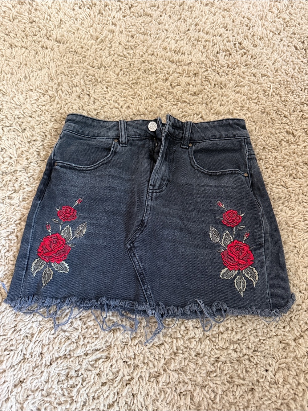 PacSun Black Denim Mini Skirt with Red Rose Embroidery